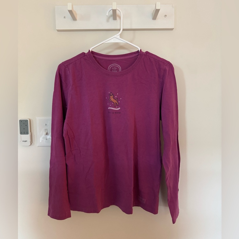 Life is Good - Long Sleeve Shirt (S) - Purple with Dog Best in Snow Design